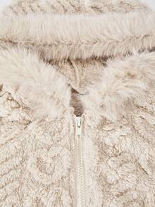 1件女童时尚连帽外套，黑色爱心提花双面抓绒长袖拉链连帽衫，带毛领，短款外套，适合室内、室外、聚会、运动、通勤、春季、秋季、冬季穿着。 - 卡其色 - 查看 5