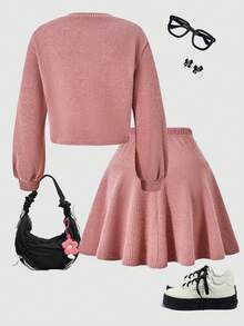 Teen Girl2-Piece Set, Loose Fit Pink Puff Sleeve Top Paired With Mini Skirt, Fashionable Back-To-School Outfit For Autumn/Winter - Khaki - View 2