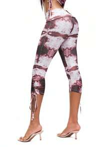 TypaGal 女士高腰扎染印花紧身抽绳七分裤 - 粉色 - 查看 2