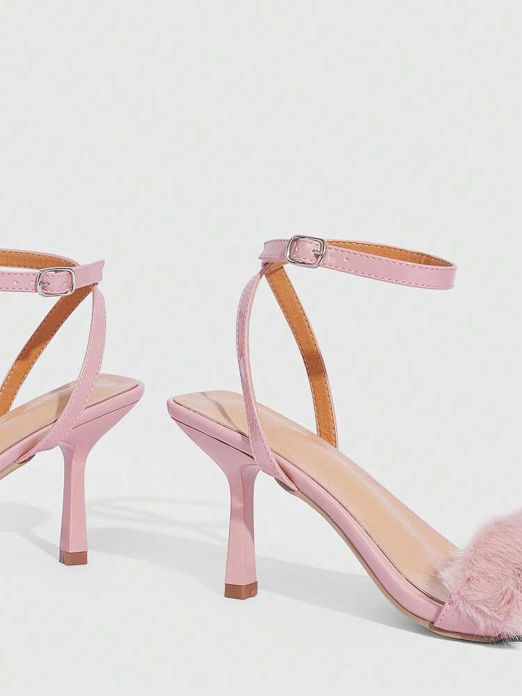 CUCCOO SZL Women's Pointed Toe Fuzzy Strap Design Fashion Daily Wear High Heel Sandals Valentine's Day