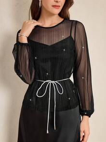 Miaspire This Elegant Women's Dress Features A Classic Pure Black Base. The Sheer Fabric Of The Bodice Is Adorned With Delicate Shimmering Silver Threads, Creating A Textured Contrast With The Matte Satin Skirt, Exuding A Subtly Luxurious Feel. The Floral Pattern Is A Minimalist Solid Color Design, Understated Yet Sophisticated. The Silhouette Consists Of A Sheer Long-Sleeved Top, A Belted Waist, And A Flowing Satin Skirt. The Lightweight Fabric Is Versatile Enough For Various Occasions, Showcasing Elegant Style. Perfect For Summer, It's Suitable For Evening Events, Casual Gatherings, Or Romantic Dates. The Pure Black Base Conveys A Sense Of Sophistication, While The Combination Of Sheer Fabric And Satin Showcases Fashionable Taste. It's A Versatile And Stylish Choice For Your Summer Wardrobe.,Summer Outfits - Black - View 2