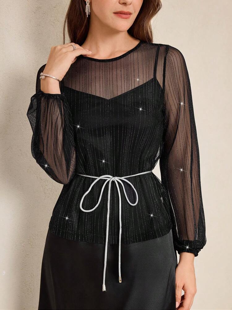 This Elegant Women's Dress Features A Classic Pure Black Base. The Sheer Fabric Of The Bodice Is Adorned With Delicate Shimmering Silver Threads, Creating A Textured Contrast With The Matte Satin Skirt, Exuding A Subtly Luxurious Feel. The Floral Pattern Is A Minimalist Solid Color Design, Understated Yet Sophisticated. The Silhouette Consists Of A Sheer Long-Sleeved Top, A Belted Waist, And A Flowing Satin Skirt. The Lightweight Fabric Is Versatile Enough For Various Occasions, Showcasing Elegant Style. Perfect For Summer, It's Suitable For Evening Events, Casual Gatherings, Or Romantic Dates. The Pure Black Base Conveys A Sense Of Sophistication, While The Combination Of Sheer Fabric And Satin Showcases Fashionable Taste. It's A Versatile And Stylish Choice For Your Summer Wardrobe.,Summer Outfits