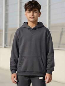 Vacaura 1件青少年男童休闲简约套头圆领针织卫衣，面料舒适，修身剪裁，春季新款，百搭颜色，适合多种场合。 - 灰色 - 查看 1