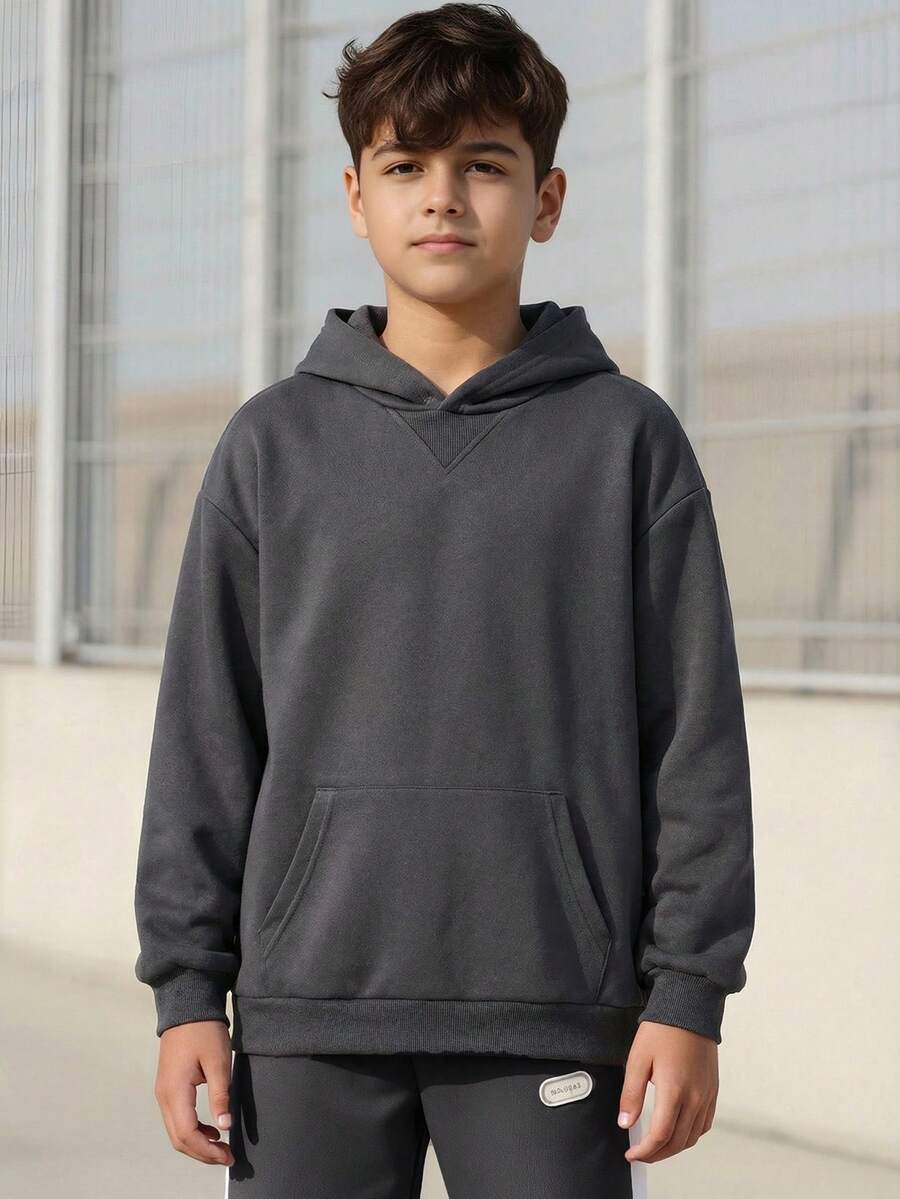 Vacaura 1件青少年男童休闲简约套头圆领针织卫衣,面料舒适,修身剪裁,春季新款,百搭颜色,适合多种场合。 - 灰色 - 查看 1
