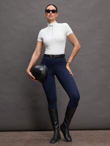 Activina Women's Stand Collar Solid Color Raglan Short Sleeve Fitted Equestrian Shirt - White - View 4