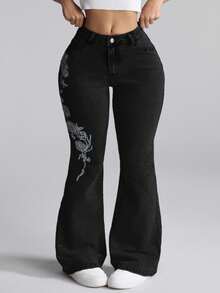 Jeanoix Quần jeans ống loe thêu hoa cỡ lớn, thường ngày, đa năng cho nữ - Màu xanh lam - Xem 4