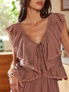 Lullawish 两件套波西米亚风度假风荷叶边柔软舒适A字吊带背心上衣和蕾丝边裤脚宽松女式睡衣套装 - 紫色 - 查看 6