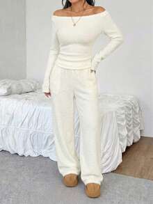 SHEIN EZwear Women's Solid Color Boat Neck Long Sleeve Top And Pants Casual 2 Pieces Set - Apricot - View 4