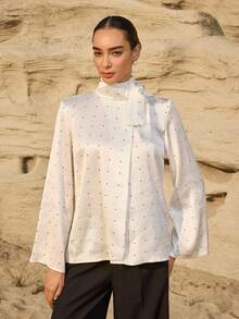 Graceveil 女士波点印花系领喇叭袖优雅衬衫 - 米色 - 查看 7