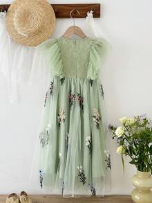 LMoss Kids 少女编织刺绣网纱荷叶边下摆休闲连衣裙 - 綠色 - 查看 3