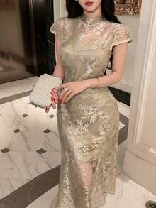 DAZY 女士优雅蕾丝全印花立领中长连衣裙，夏季