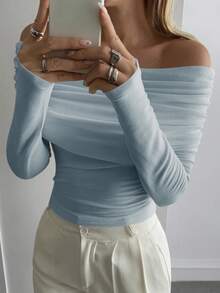 DAZY Women's Off-Shoulder Fitted T-Shirt, Autumn/Winter New Arrival - Blue - View 5