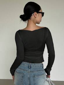 DAZY Women's Autumn New Off-Shoulder Fitted T-Shirt Long Sleeve Spring - Black - View 6