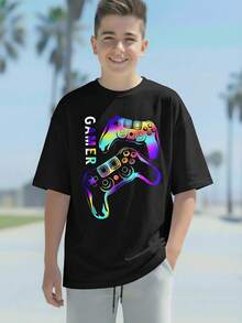 Fantacosmos Teen Boys' Gaming Controller & Letter Print T-Shirt