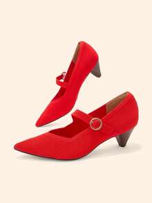 CUCCOO BASICS 女士优雅尖头搭扣高跟鞋，通勤必备 - 紅色 - 查看 2