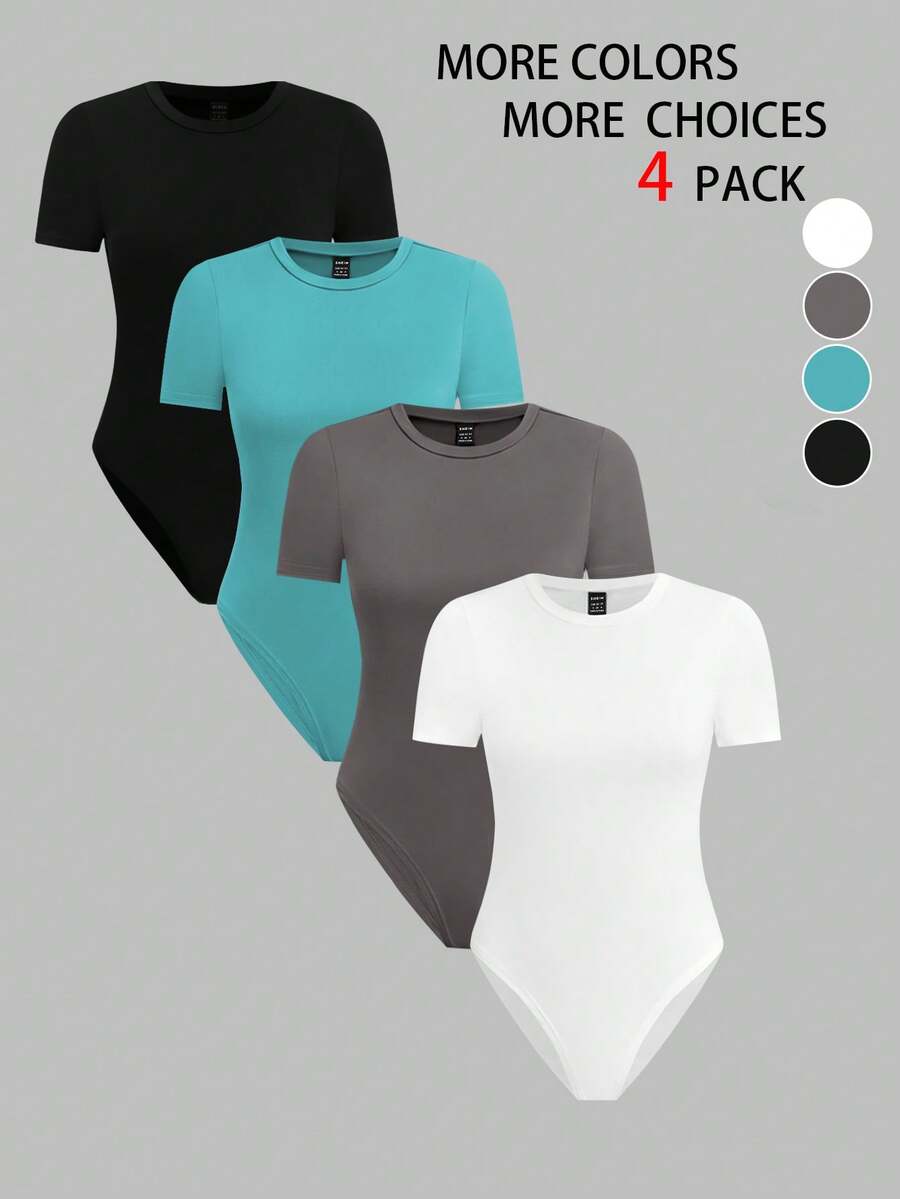 GlowEve Casual Women's 4-Pack Knitted Fabric Crew Neck Tee Bodysuit Plain Print Short Sleeve Semi-Sheer Multicolor - Multicolor - View 1
