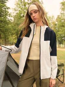 In My Nature Women's Zip-Up Hooded Jacket, Casual Color Block Windbreaker - White - View 5