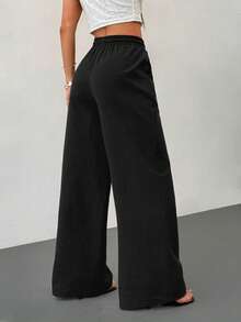 SHEIN PETITE Women's Summer/All-Season Country Concert Going Out Beach Boho Basic Minimalist Washed 100% Cotton Curved Hem Pants - Black - View 2