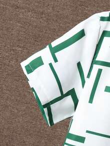 SHEIN Vacaura 2pcs/Set Teenage Boys' Casual Commuter Geometric Line Print Short Sleeve Shirt And Pants Set - Dark Green - View 4