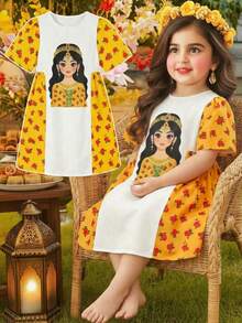 SHEIN Vestido de manga corta con estampado floral y de dibujos animados para bebé niña - Multicolor - Ver 8