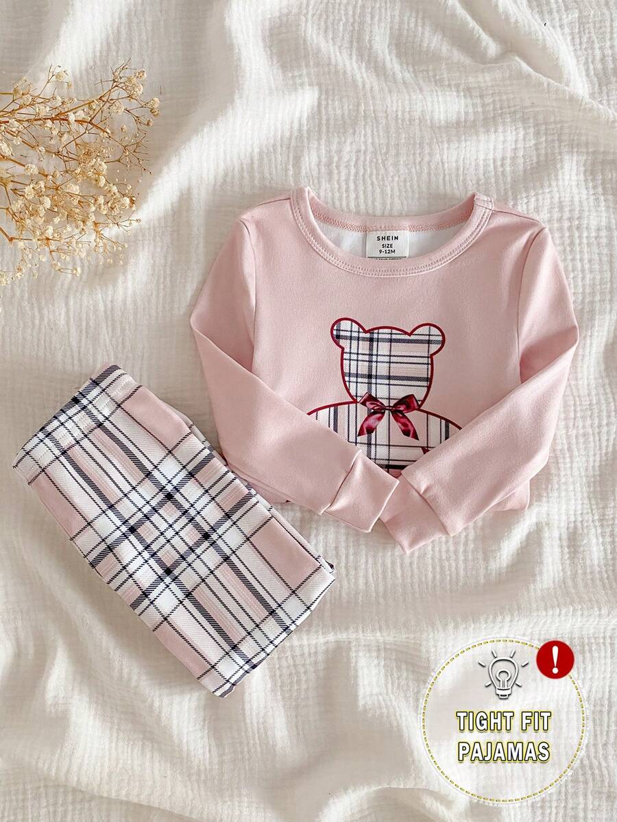 2pcs Baby Girls Casual Cute Bear Print Top And Classic Plaid Leggings Set, Snug Fit Homewear Plaid Bear Print Pajama Set Toddler Cotton Pajama Girl Baby Clothes Girl Plaid Baby Girl Long Sleeve Set Baby Pajama Set "Tight Fit Pajama","Tight Fit","Snug Fit Plaid Baby Loungewear Baby Girl Plaid Pajama Set - Multicolor - View 1