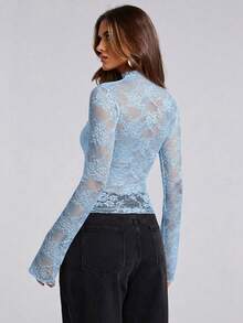 SHEIN BAE Women's Elegant Solid Color Lace Patchwork Hollow Out Blouse - Baby Blue - View 2