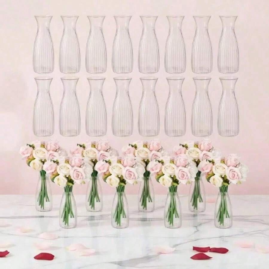 1/2/5/8/10个装 塑料条纹花瓶 透明花瓶 插花工艺品 适用于各种花束和装饰展示 节日和家居装饰 适用于餐桌装饰 婚礼家庭宴会花瓶装饰用品 - 無色 - 查看 1