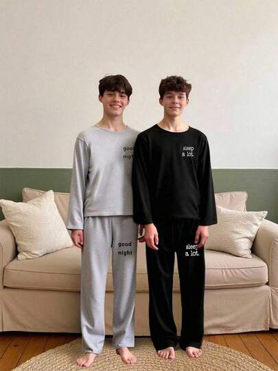 SHEIN 4pcs Casual Outfit For Teenage Boys, Includes Grey & Black English Letter Print Long Sleeve Top And Pants, Comfortable Loungewear Set