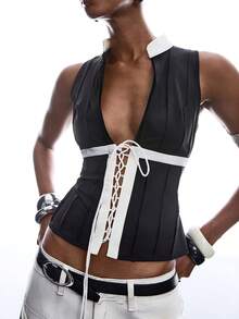 LYSMO 女士时尚性感撞色系带吊带背心 - 黑與白 - 查看 1