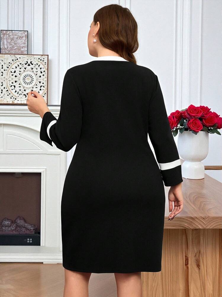 Plus Size Women's Elegant Commuter Casual Round Neck 3/4 Sleeve Color Block Pocket Black Fitted Dress, Early Spring, Plus Size Women's Elegant Party Casual Sparkly Fitted Black Dress, ,Going Out Outfits, New Clothes,Simple And Fashionable For Everyday Wear, Plus Size ,Comfortable And Breathable,New Year Clothes,Date Night Outfits Women Black Elegant Dress Women,Vacation Outfits Women ,Holiday Outfits For Women,Spring Outfit Women,Valentine's Day ,Valentine Outfits For Women,