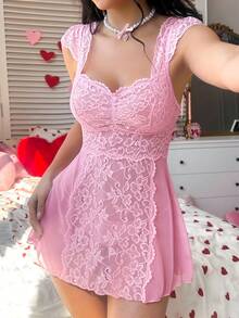 SHEIN Bộ 2 món đồ lót gợi cảm phối ren và lưới (không gọng, kiểu G-string) dành cho nữ, thích hợp cho ngày Valentine. - Hồng - Xem 3