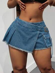 Slaydiva 大码女式纽扣设计毛边时尚牛仔工装裙裤 - 藍色 - 查看 3