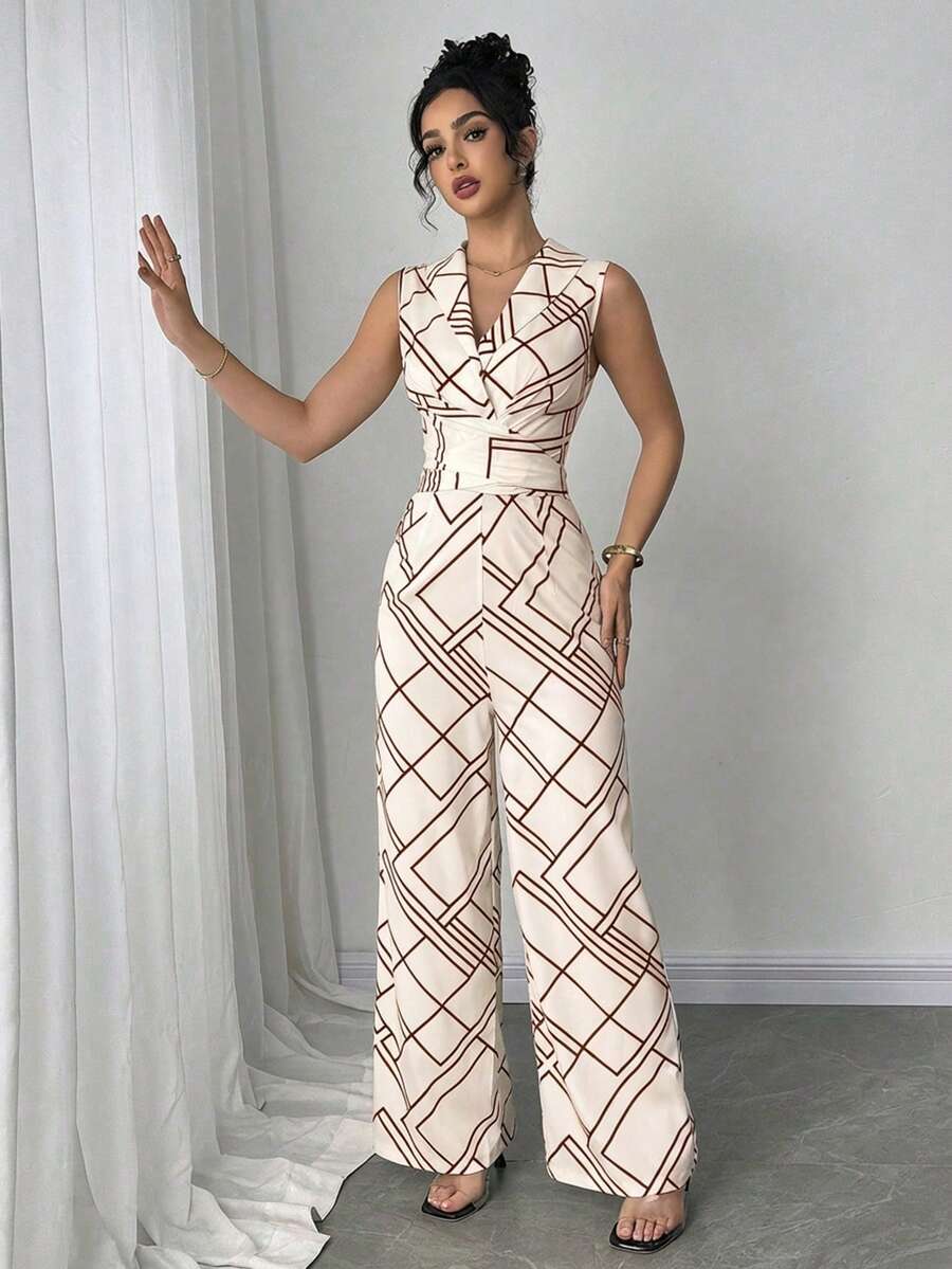 Elenzga Bộ áo liền quần không tay in họa tiết hình học dành cho nữ, áo liền quần mùa hè thanh lịch, trang phục thường ngày cho nữ. - Đỏ - Xem 1