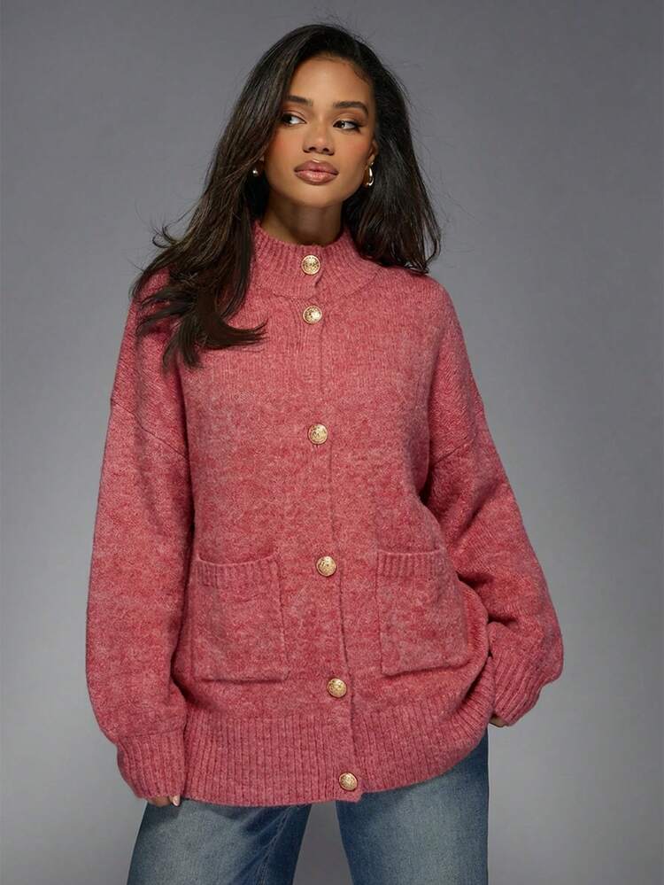 MISSGUIDED Chunky Knit Button Front Cardigan With Mock Neck And Ribbed Hem For Fall Winter Layering