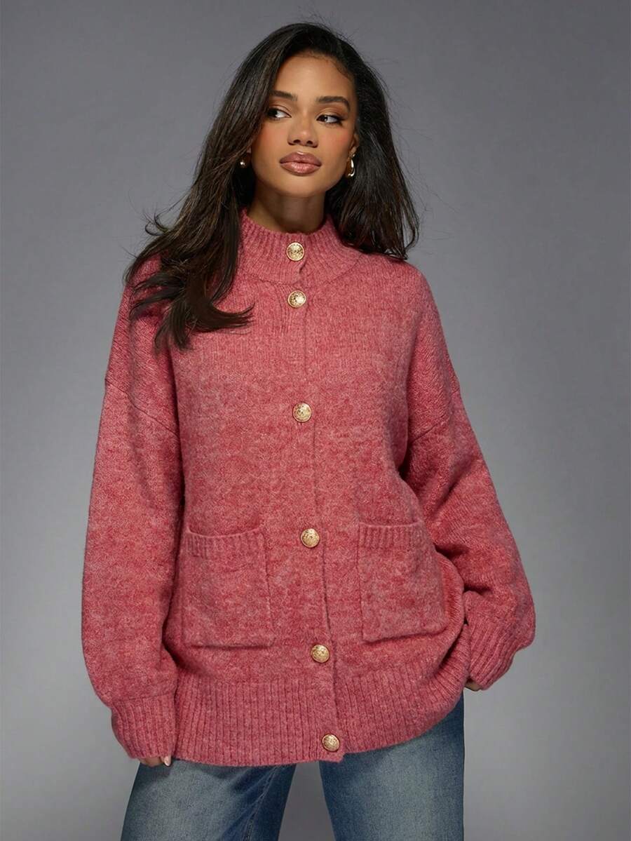 MISSGUIDED Áo khoác cardigan dệt kim dày dặn, cài cúc phía trước, cổ cao giả và viền gân, thích hợp để mặc nhiều lớp vào mùa thu đông. - Đỏ - Xem 1