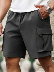 Manfinity Homme Quần short cargo nam cỡ lớn, màu trơn, kiểu dáng thường ngày, thích hợp cho mùa hè. - Màu xám đen - Xem 3