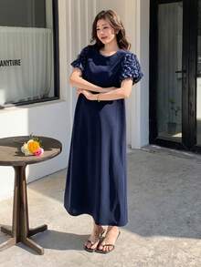 DAZY Women's Elegant Textured Patchwork Round Neck Mid-Length Dress, Summer