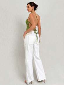 Aloruh 夏季新款绿色蕾丝露背系带吊带背心，浪漫约会装，波西米亚风亮片蕾丝吊带背心，适合返校、派对、海滩度假等场合 - 綠色 - 查看 4