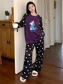 DAZY Puppy Print Contrast Polka Dot Fabric Raglan Sleeve Women Pajama Set - Purple - View 8
