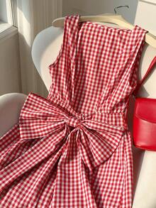 Comfortcana 女士格子蝴蝶结装饰迷你连衣裙