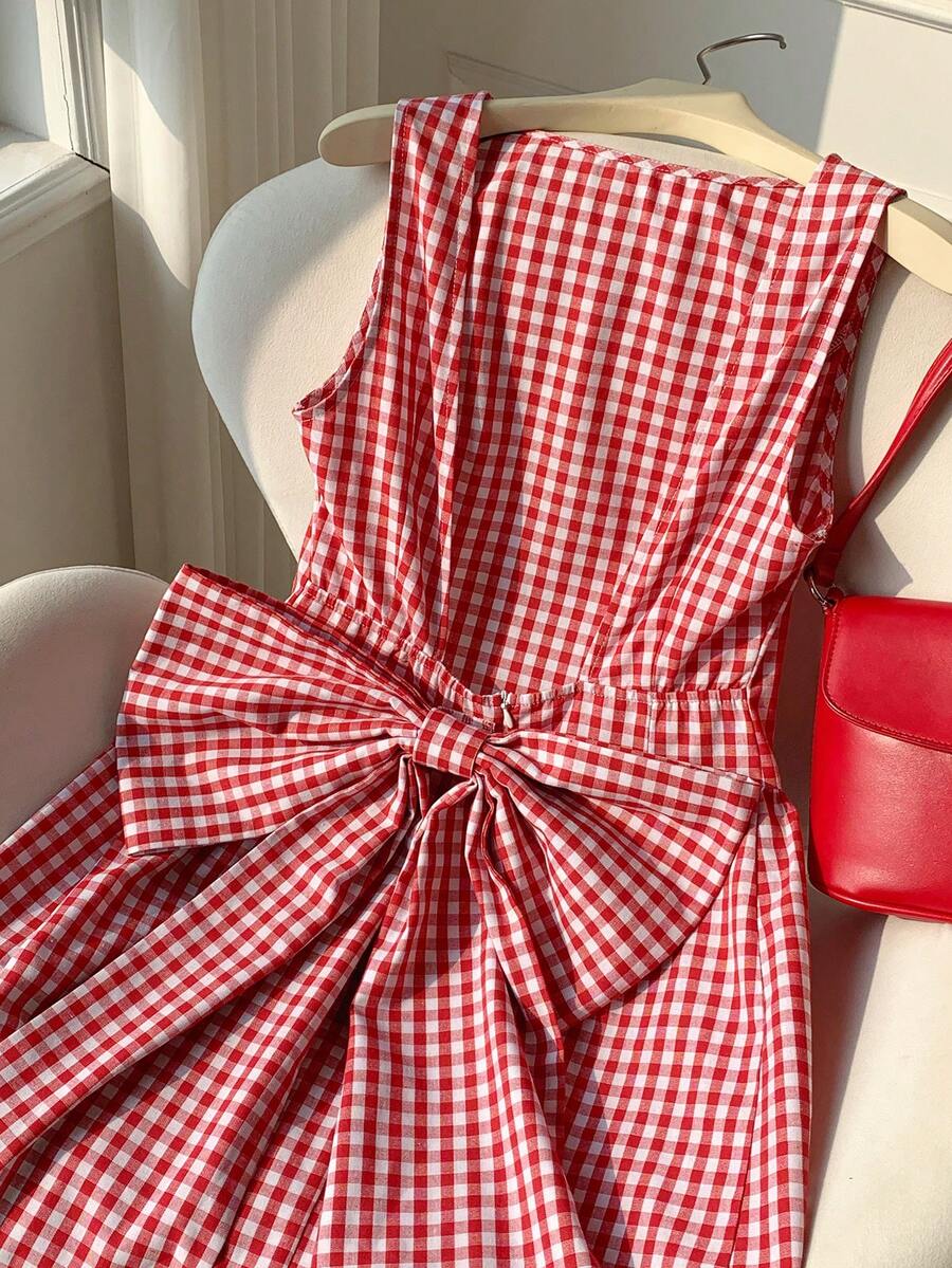 Comfortcana 女士格子蝴蝶结装饰迷你连衣裙