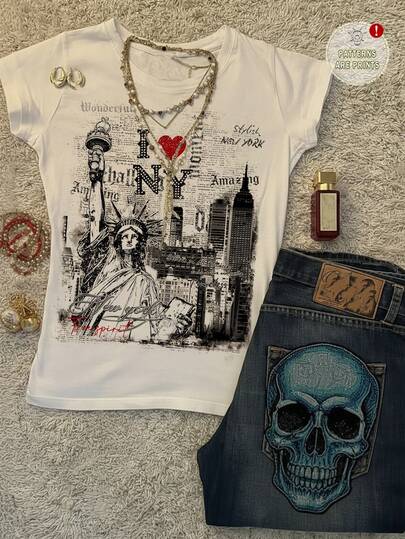 Attitoon Vintage Stil Günlük "I Love NY" Harfli Grafik, Özgürlük Heykeli, New York Manzarası, Graffiti Baskılı Yuvarlak Yaka Kısa Kollu Dar Kesim Kadın Tişörtü, Yaz İçin Uygun, Vintage, Üniversite, Çok Yönlü, Seksi, Şirin, Y2K, Hindistan Cevizi Kızı, Bohem, Hippi Tarzı, Müzik Festivali, Sonbahar/Kış İçin Uygun