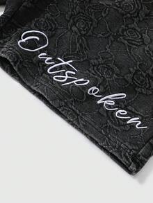 ROMWE MEN Essentials Shorts Masculinos com Cordão na Cintura, Bolso Inclinado e Bordado de Floco de Neve e Letra - Preto - Visão 7