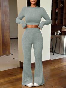 SHEIN EZwear 两件套女士休闲纯色针织圆领长袖修身短款T恤和高腰喇叭裤 - 薄荷綠 - 查看 6