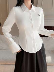 DAZY Camisa casual de mujer con patrón de bordado de color contrastante, manga larga para primavera/verano - Beis - Ver 3
