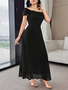 Feyla Đầm nữ thanh lịch màu trơn, trễ vai, thắt eo, thích hợp cho mùa hè. - màu đen - Xem 5