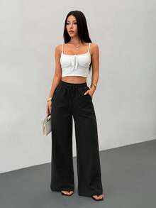 SHEIN PETITE Women's Summer/All-Season Country Concert Going Out Beach Boho Basic Minimalist Washed 100% Cotton Curved Hem Pants - Black - View 6