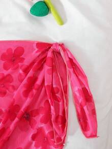 SHEIN Teen Girls Floral Print Spaghetti Strap One-Piece Swimsuit With Mesh Tie-Up Details, Suitable For Summer, Beach, School, Vacation - Hot Pink - View 3