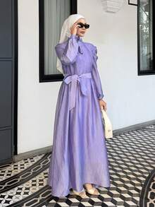 DAZY Women's Elegant Solid Color Stand Collar Puff Sleeve Belted Long Dress, Spring/Summer Vacation Maxi Dress Sundress - Purple - View 5