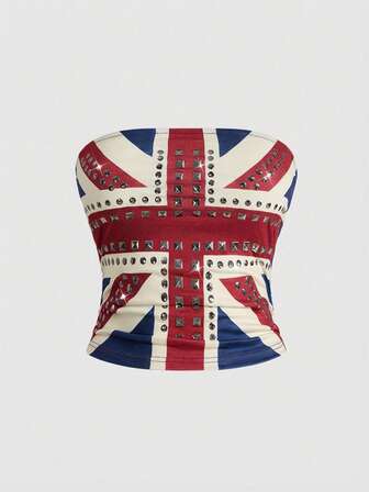 Grunge Punk Women's Y2K Vintage UK Flag Print Rhinestone Rivet Embellished Top